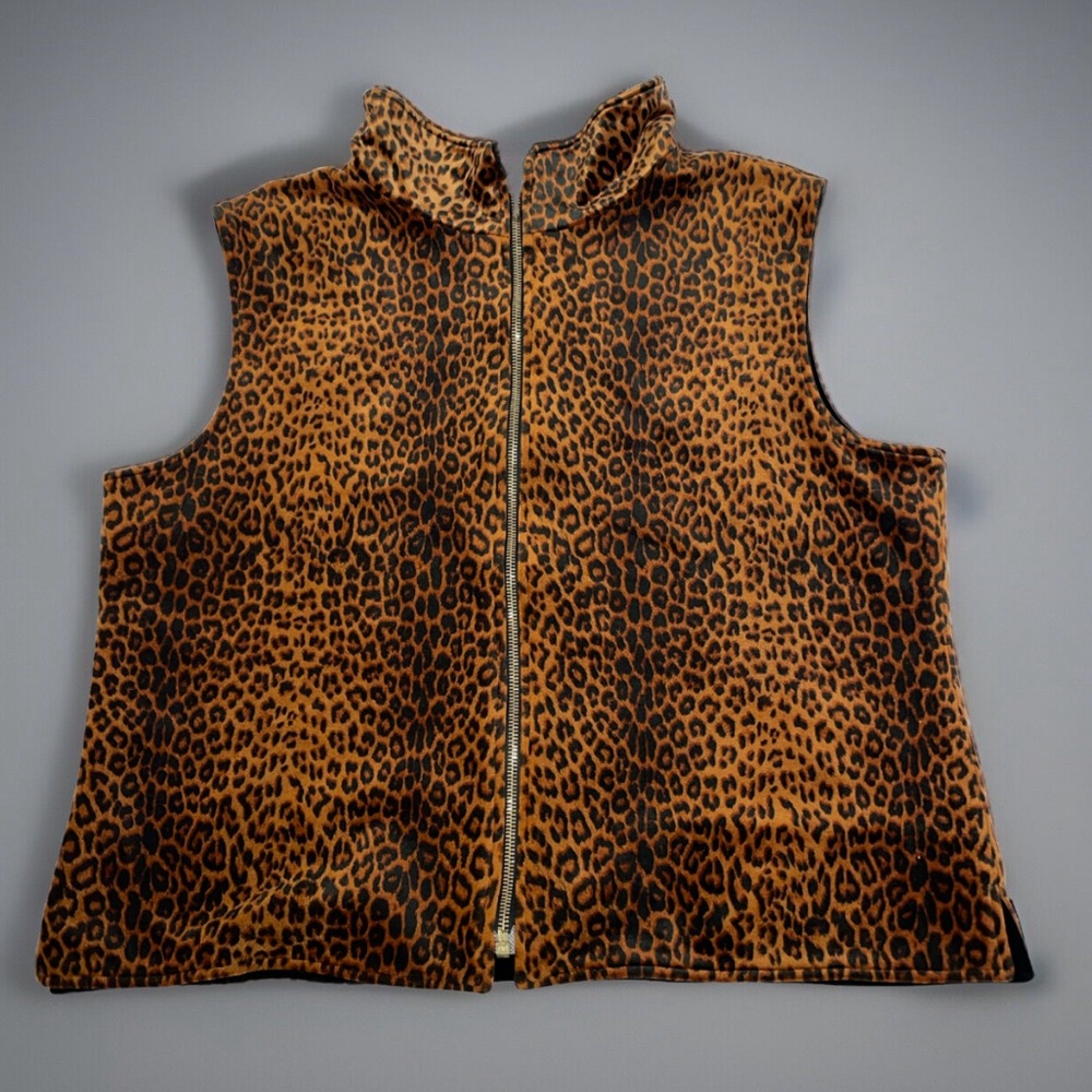 David Brooks Reversible Leopard Fleece/Black Softshell Vest Zipper Approx Sz XL